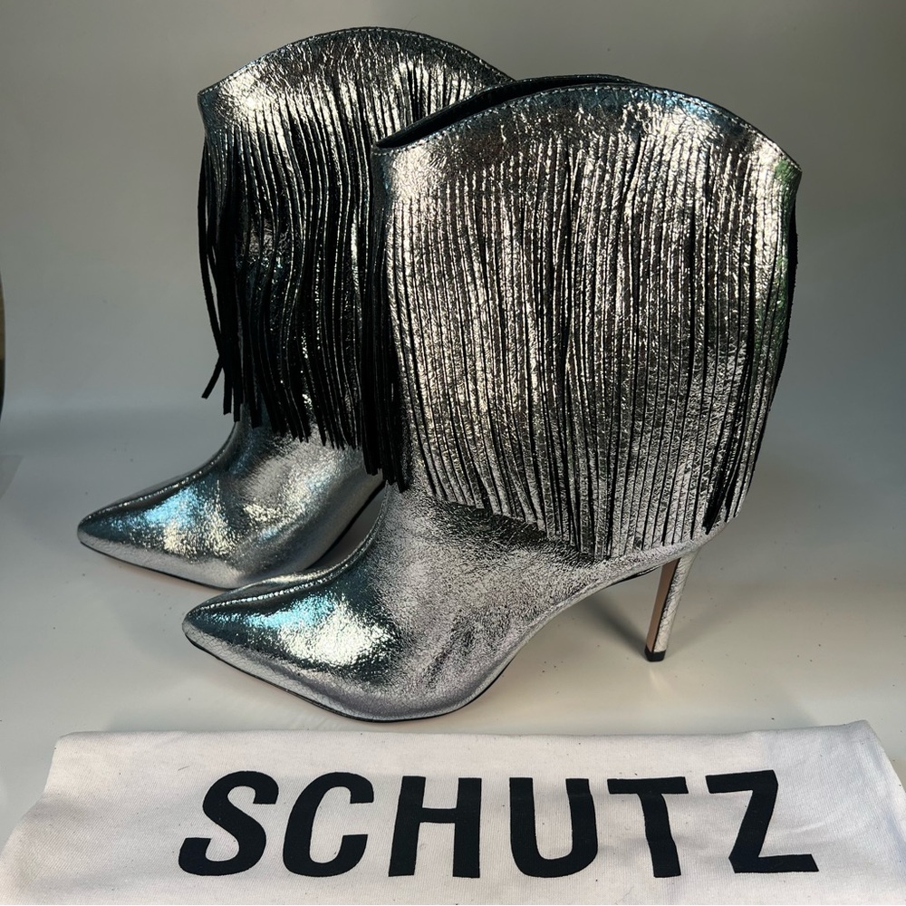 SCHUTZ Metallic Crackle Silver Fringe Heeled Desert Boots